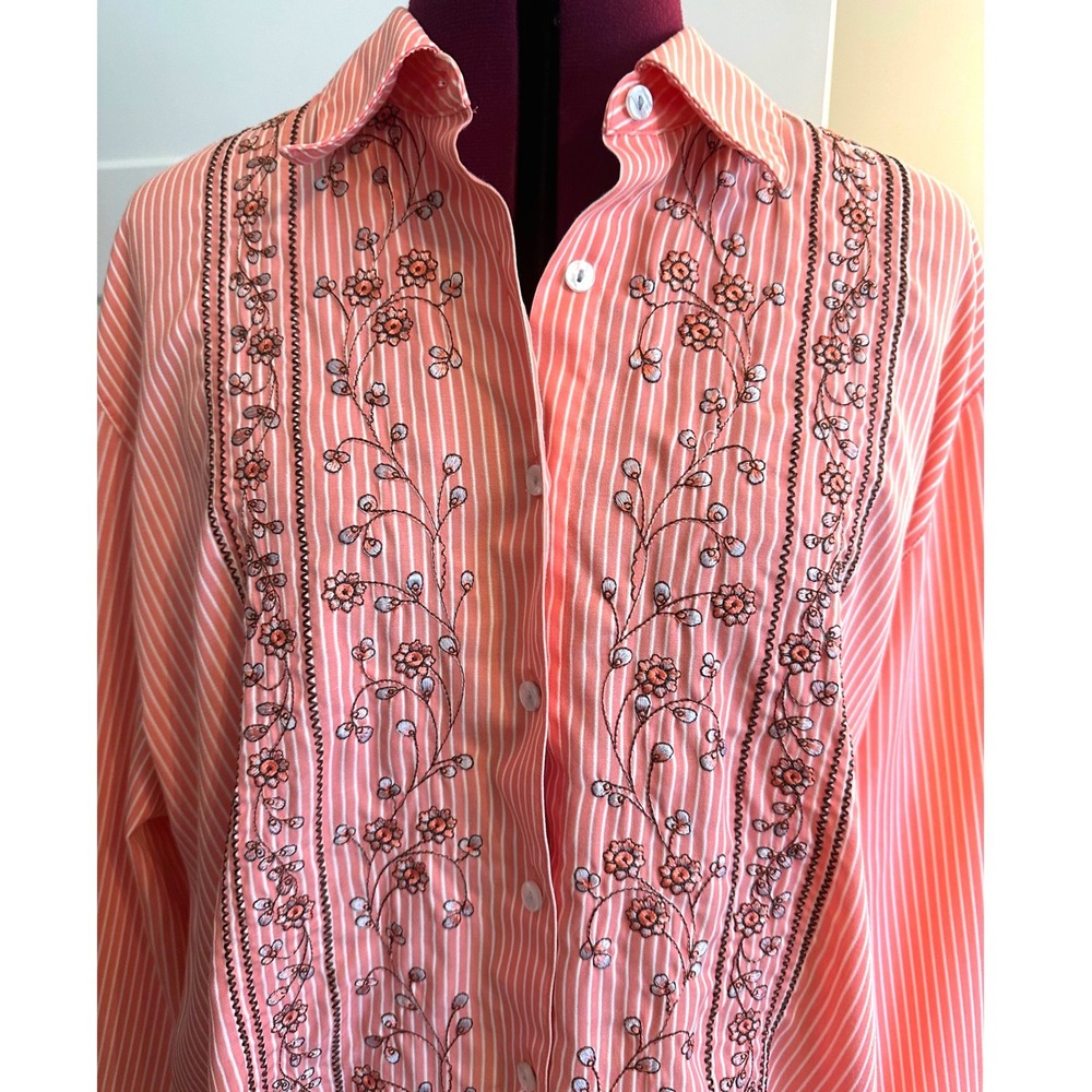 Foxcroft Coral White Striped Embroidered Floral Button Down Shirt Plus Size 20W